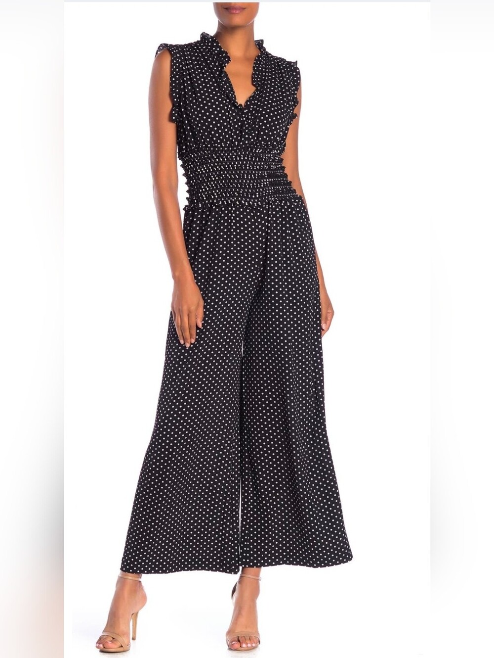 NWOT Max Studio Black &White Polka Dot Wide-Leg Jumpsuit, Smocked Surplice Sz L